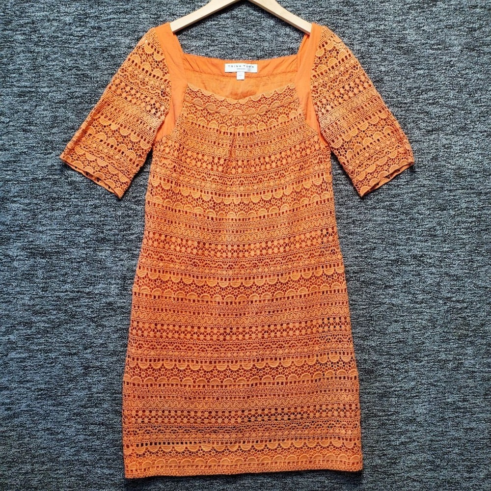 Trina Turk Mallory Linear Crochet Shift Dress Women 6 Orange Cotton Boho Chic